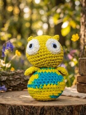Handmade Crochet Owl Plush Toy 8" Lime Yellow Blue Stuffed Animal